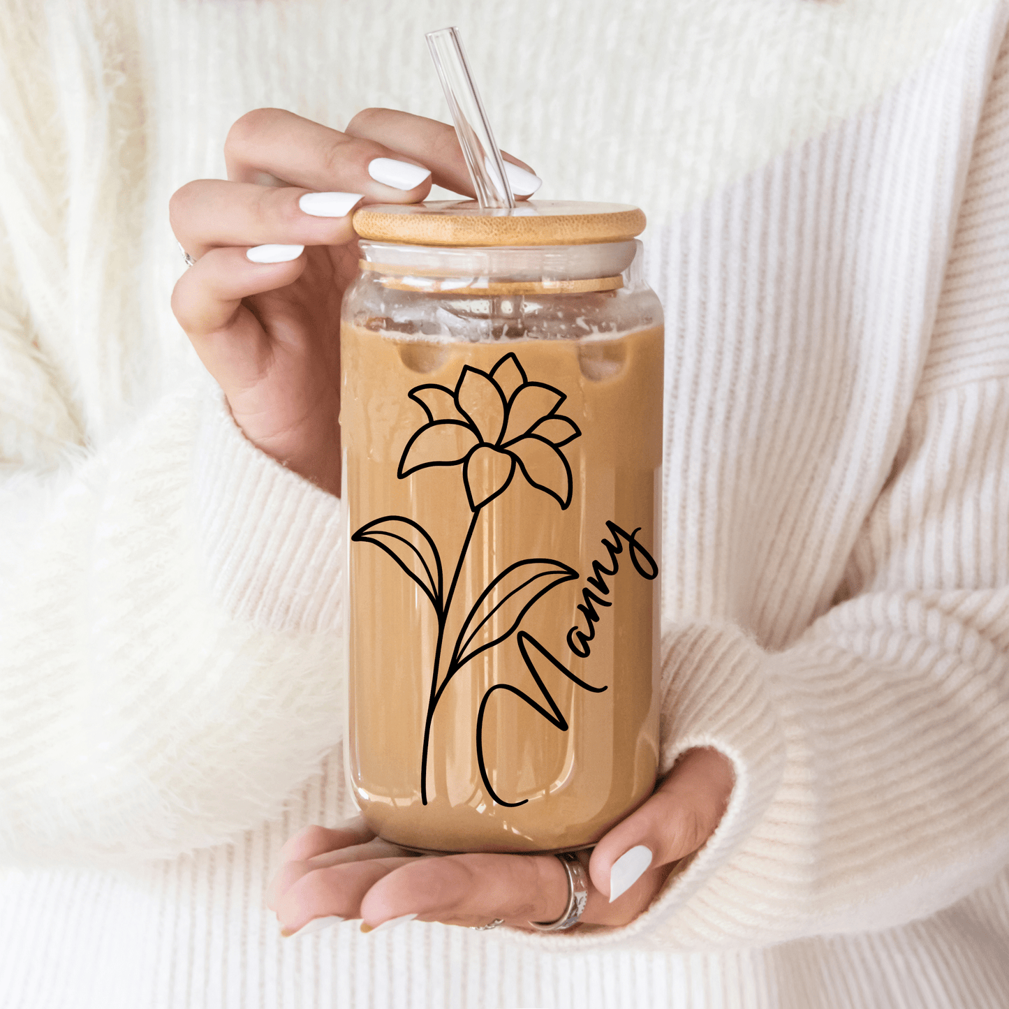 Detailed birth month flower design on personalised glass tumbler