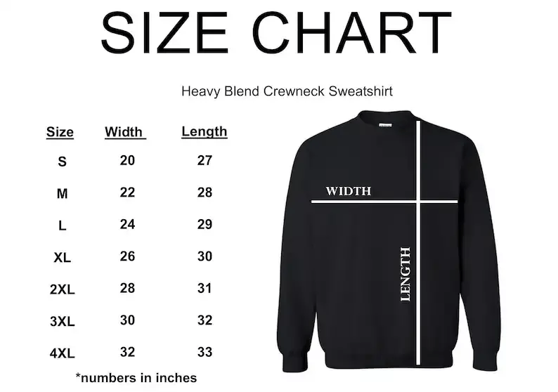 Size chart for sweatshirt showing dimensions in inches. Sizes S to 4XL with corresponding width and length diagram