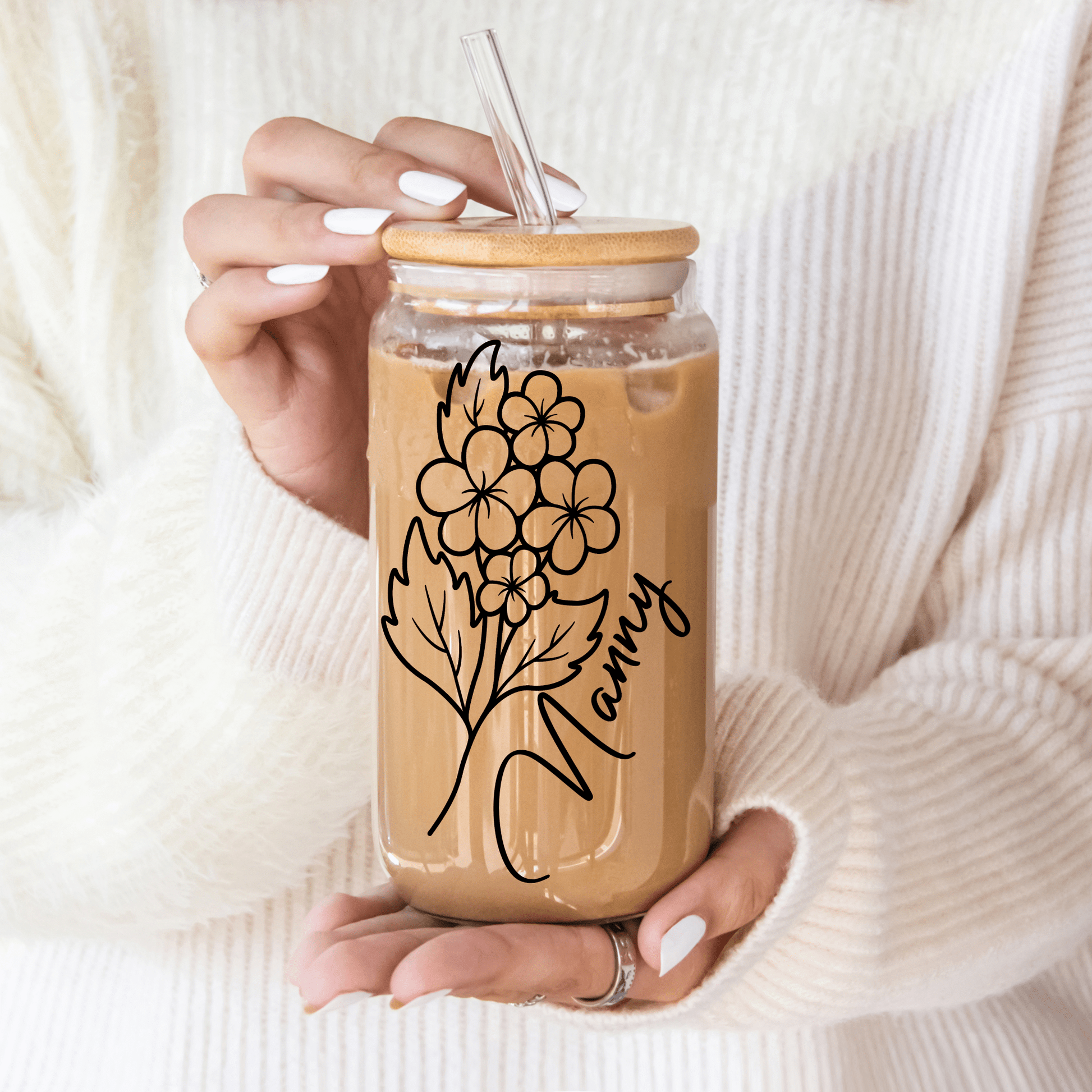 Detailed birth month flower design on personalised glass tumbler