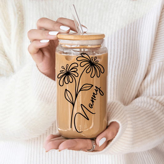 Detailed birth month flower design on personalised glass tumbler