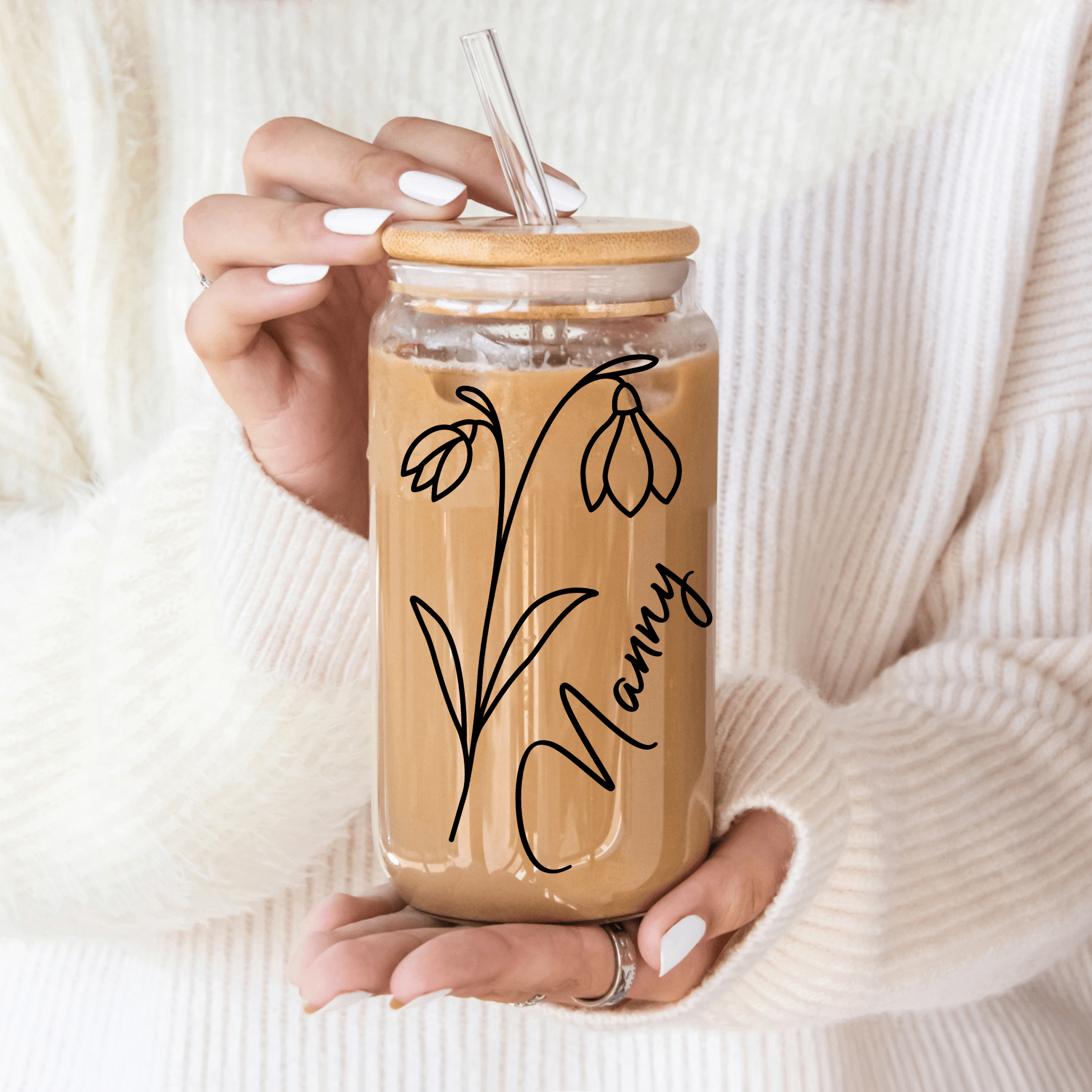 Detailed birth month flower design on personalised glass tumbler