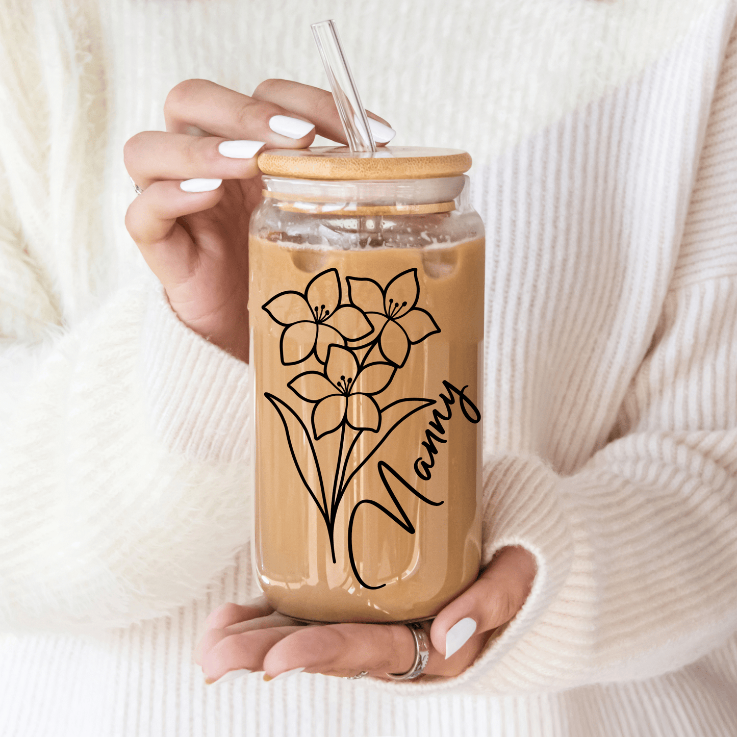 Detailed birth month flower design on personalised glass tumbler