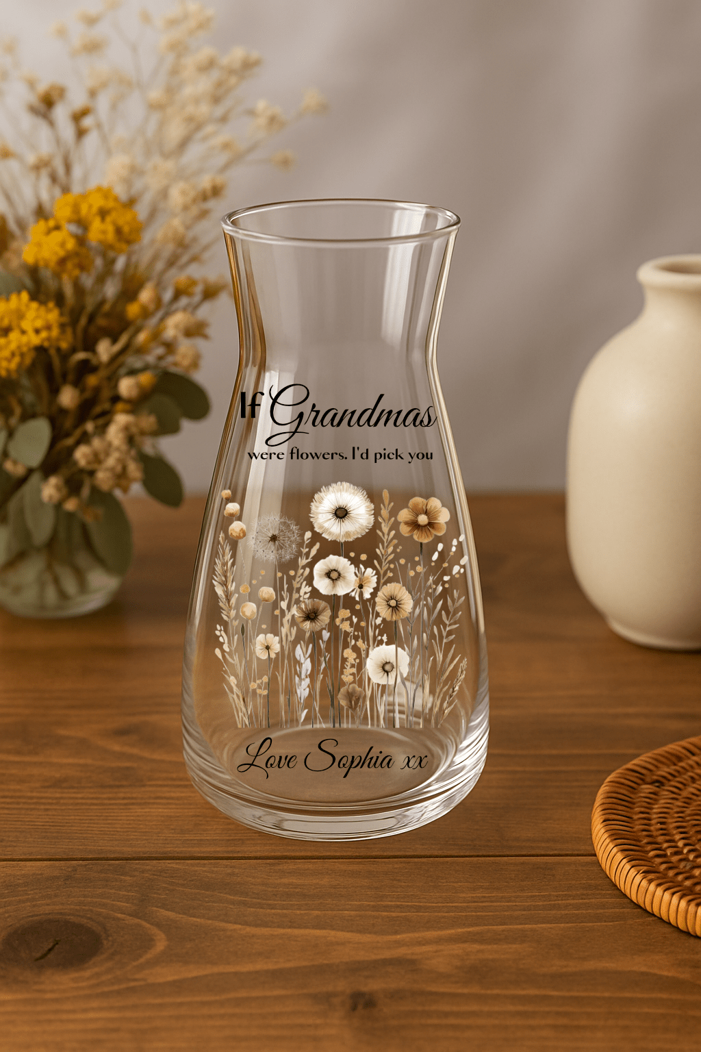 Personalised Floral Glass Vase – Custom Floral Gift for Mum, Nan, Grandma, Nanny, Teacher, Friend - Urban.Picks