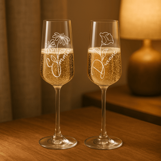 Personalized Birth Flower Champagne Flute - Engraved Floral Glass - Urban.Picks